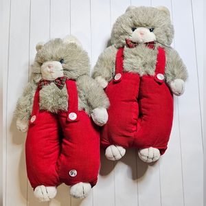 Vintage 90s plush Cats in red corduroy overalls slippers